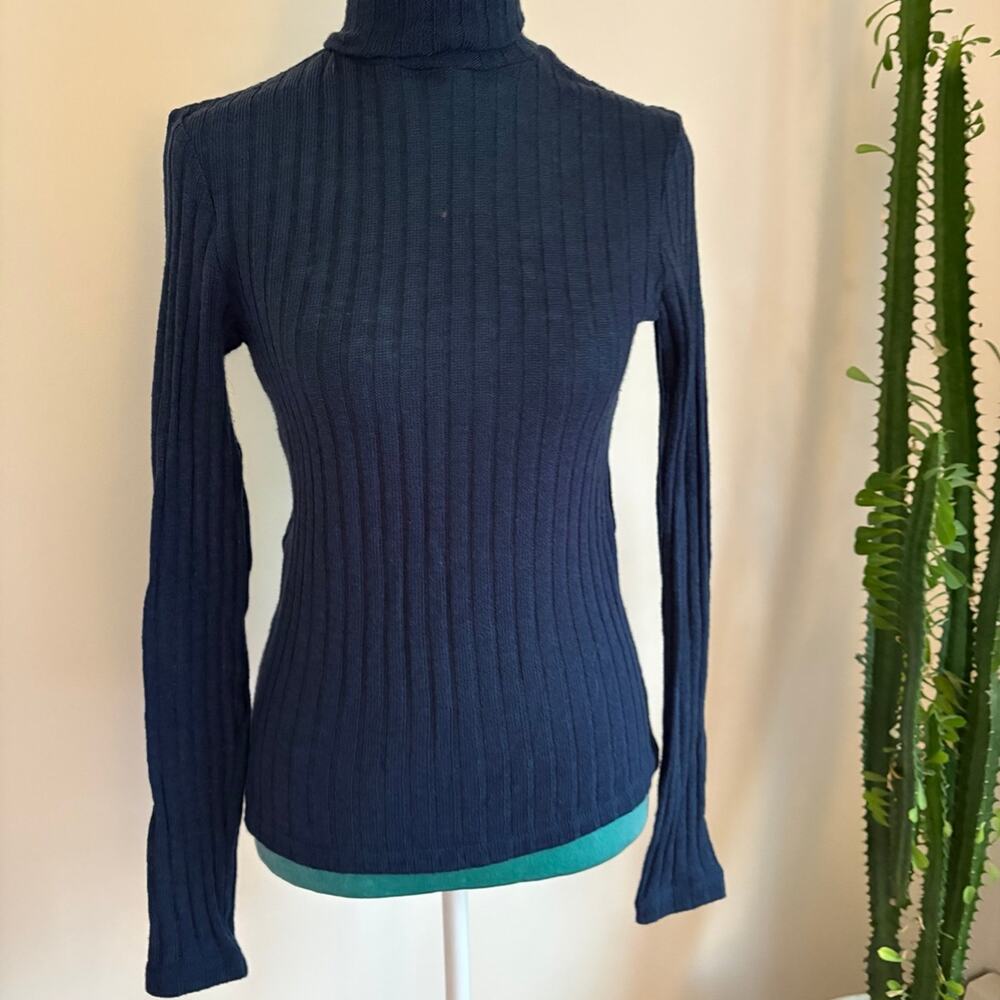 Max Mara Sheer Navy Wool Angora Ribbed Turtleneck Top Layering minimalist